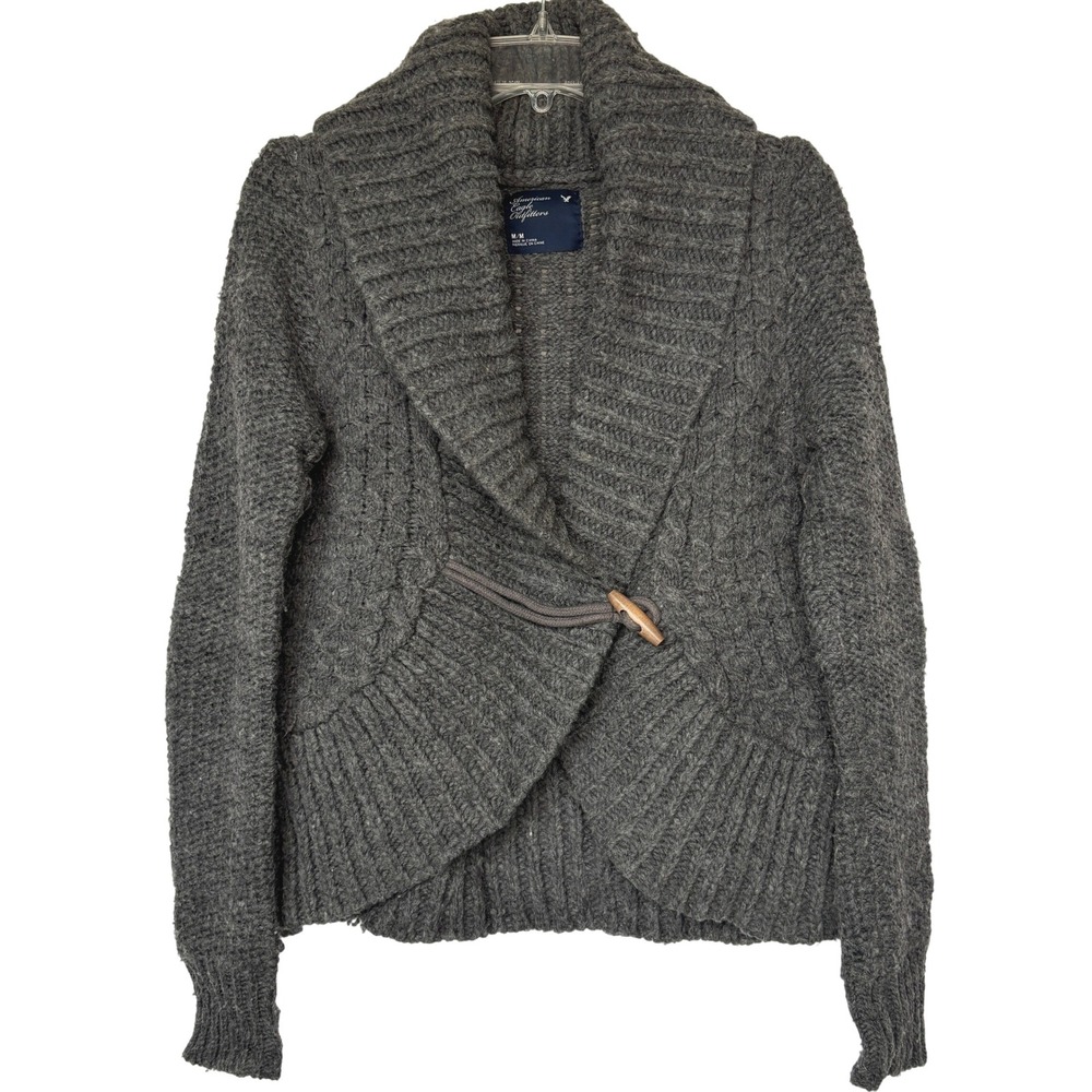 AEO Gray Chunky Cable Knit Shawl Collar Toggle Cardigan Womens M Wool Blend Cozy